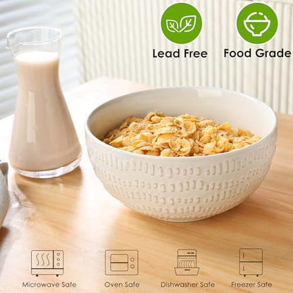 24 OZ Large Soup Bowls Set of 4, Farmhouse Embossment Ceramic Cereal Bowls for Salad, Serving, Fruit, Snack, Noodle, Ramen, Pho, Microwave & Dishwasher Safe, 6 Inch White - size: 6 INCH
