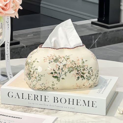 Ceramic Tissue Box Cover Floral Pattern Decorative Tissue Holder Retro Rustic Farmhouse Home Decor for Vanity Tables, Living Rooms, Bedrooms, Kitchens, and Offices (Green) - color: Green