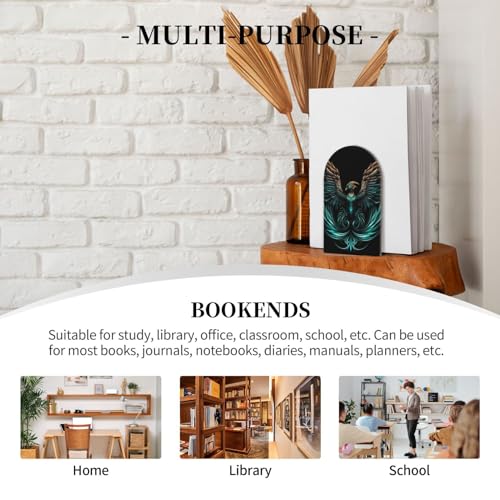 Book Ends for Shelves Fantasy Phoenix Non Skid Wooden Bookends Heavy Duty Decorative Book Stoper for Home Office Library