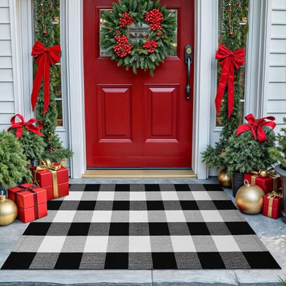 KOZYFLY Buffalo Plaid Area Rugs 27.5x43 Inches Black and White Checkered Rug Washable Front Door Mat Hand Woven Cotton Outdoor Rug Small Rug for Front Porch Kitchen Entryway Patio Bathroom | Washable Front Door Mat, Woven Cotton Outdoor Rug, Indoor Small