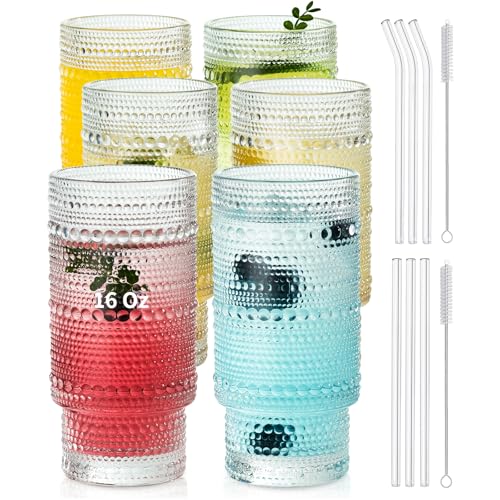 KEMORELA Vintage drinking glasses set of 6, Large 16oz Hobnail Glassware Set, Glass Cups With Straws, Romantic Hobnail Highball Glasses for Bar Beverages Ice Coffee Cocktail Mixed Drinkware - color: 6PCS-16 Oz