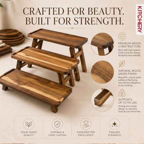 3 Tier Foldable Serving Tray, Acacia Wood Tiered Serving Stand for Parties, Lightweight Wooden Dessert Table Display Set for Charcuterie, Fruit, Cupcakes, Appetizers, Brown