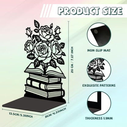 5.3"x4.3"x7.9" Metal Bookends, Heavy Duty Book Ends for Shelves | Rose with Book Theme Cast Iron Book Supports, 1 Pair Decor Stoppers for Desk, Library, Office & Home Shelves - style: Rose with Book