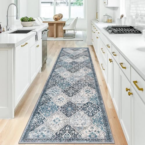 KILOCOCO 2.6x10 Washable Runner Rug, Non Slip Area Rug for Hallway Kitchen | Soft Moroccan Trellis Spill & Stain Resistant Low Pile Carpet for Entryway Office Laundry Bedroom, Easy Clean - color: Blue/Multi, size: 2'7" x 10' (Runner)
