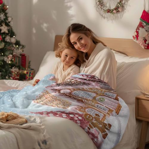 Pink Christmas Throw Blanket, Xmas Tree Gingerbread Man House Super Soft Warm Flannel Blankets for Bed Couch Sofa Fantasy Snow Scene Lightweight Fluffy Plush Bed Throws 50x60 Inch - color: Pink Blue, size: 50''x60''