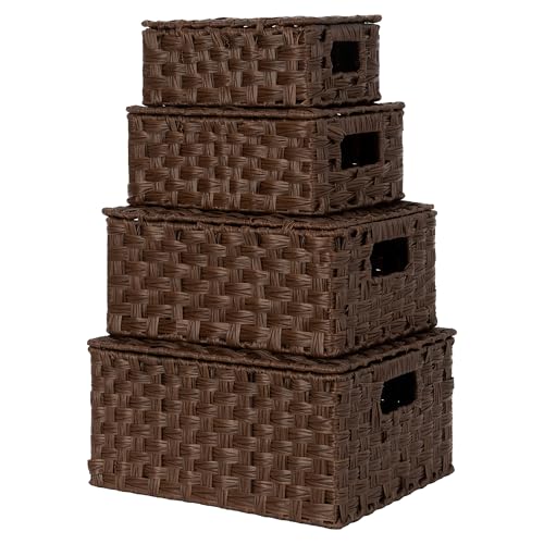 GRANNY SAYS Wicker Basket with Lid, Decorative Storage Baskets for Shelves | Woven Baskets with Lids, Wicker Baskets for Storage, Decorative Storage Boxes, Woven Stackable Basket with Lid, 4 Pack - color: Brown, size: 4 Pack