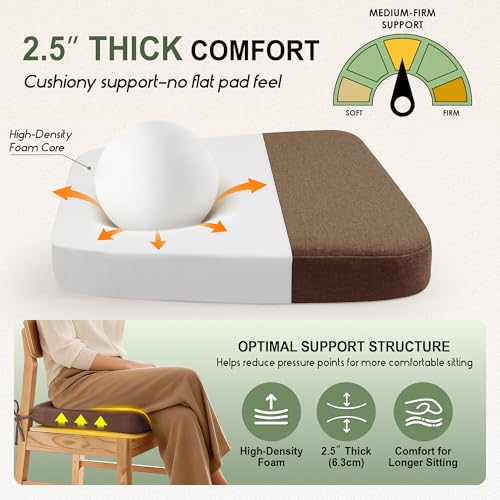 kingphenix Chair Cushions for Dining Chairs, Set of 6, 2.5 Inches Thick | High-Density Foam Kitchen Chair Cushions with Ties, Non-Slip Bottom and Removable Machine-Washable Covers, 17 x 16 in, Brown - color: Brown, size: 6 Count(Pack of 1)