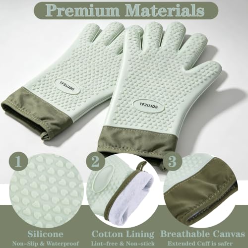 Silicone Oven Gloves with Fingers Heat Resistant 450°F in Kitchen | 1Pair Silicone Oven Mitts, Waterproof, Non-Slip, Extended Cuff Cotton Lined Kitchen Mitts for Baking Cooking Barbecue(Green) - style: green-large