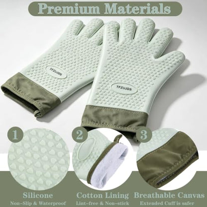 Silicone Oven Gloves with Fingers Heat Resistant 450°F in Kitchen | 1Pair Silicone Oven Mitts, Waterproof, Non-Slip, Extended Cuff Cotton Lined Kitchen Mitts for Baking Cooking Barbecue(Green) - style: green-large