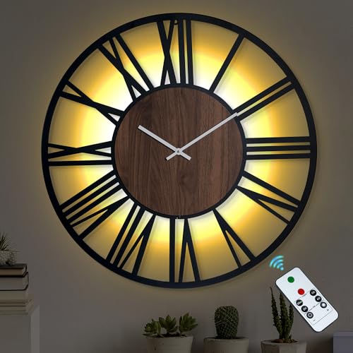 LEIKE 30'' Large Wall Clocks Battery Operated - Led Lighted Vintage Wood Non Ticking Wall Clock with Remote Timer for Living Room, Office, Bedroom, Farmhouse, Home Modern Decor, Large Number Display - color: Brown-roman, size: 30 Inch