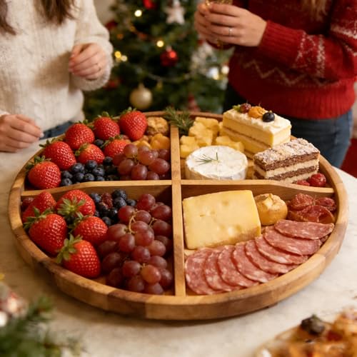 Utoplike Large Acacia Serving Tray, Rotating Lazy Susan Table Top 17.7'' | Round Wood Charcuterie Board, with Raised Edge, Removable Dividers for Cheese, Snacks, for Dining Tables, Kitchen Counters - size: 17.7''