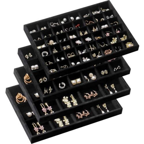 Large Velvet Jewelry Drawer Organizer Trays Set of 4 | Stackable Jewelry Trays Organizer Display Storage Showcase for Earring Necklace Bracelet Ring (Black, 12+12+24+48 Grids) - color: Black, size: 12+12+24+48 Grids