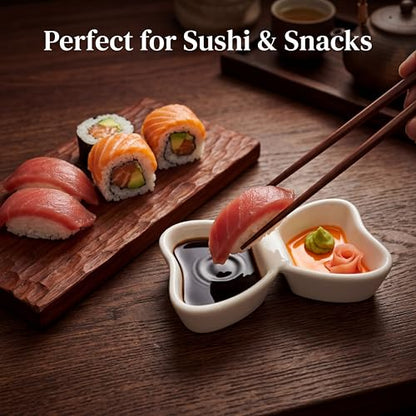 Dipping Bowls, 2-Compartment, 2-Pack, Yellow | Butterfly-shaped ceramic cups keep dips apart in separate wells; 3 oz dishes serve sushi, snacks, condiments, and appetizers. - color: Yellow