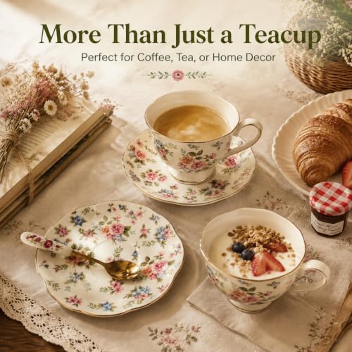 Noviko 6 oz Floral Ceramic Teacup and Saucer Set with Spoon | Set of 1, Afternoon Tea Party Gift for Women, Mom, Bridal Shower, Wedding - color: Multicolor
