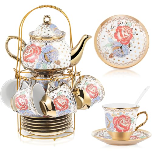 Zhehao 20 Pcs Porcelain Tea Set with Metal Holder and Spoon Adult Ceramic Tea Set European Flower Painting Teapot Cup Saucer Spoon for Women Mom Gift, Large Version (Romantic Style) - color: Romantic Style