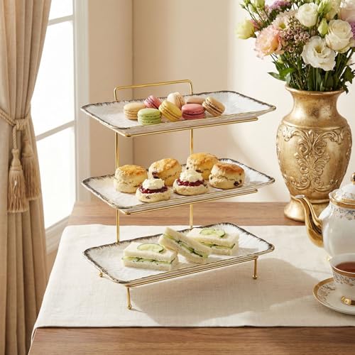 Three-Tier Ceramic Plate Rack - Foldable Gold Plate Rack with Three Large 14-inch White Plates for displaying Food, Fruit, Desserts, and Entertaining Guests. - color: 3-tier 14 Inch Serving Rack