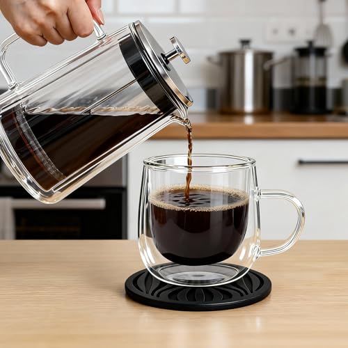 Glass Coffee Mugs Set Of 4, 10oz Double Walled Insulated Glass Mugs with Handle and Coaster, Heat Resistant Borosilicate Clear Glass Cups for Espresso Latte Cappuccino, Tea Bag, Beverage - size: 4 Pack+4 Coasters