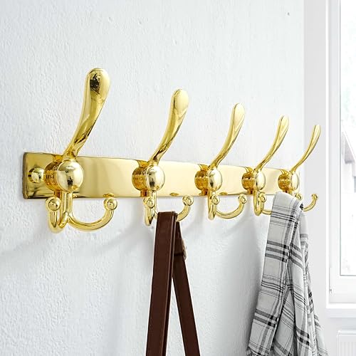 Coat Rack Wall Mount, Heavy Duty 12-Gauge Base vs Flimsy 1mm, Double-Thick Solid Anti-Snap Hooks, 16” Stud-Mount, Stainless Steel Hanger for Clothes Hat Entryway Closet, Gold, Pack of 2 - color: Gold, size: L=17" (2pcs)