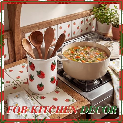 LemonRoad Strawberry Utensil Holder for Kitchen Counter,Ceramic Cooking Utensil Crock Modern Farmhouse Countertop Organizer for Spatula Ladle Kitchen Counter Decor - style: Strawberry