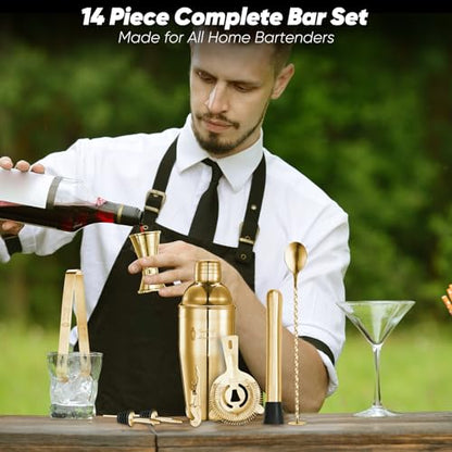 14PC Bartender Kit - Gold Cocktail Shaker Set - All Barware Essentials for Drink Mixing Includes Stand, Martini Shaker, Jigger, Strainer, Mixer Spoon, Muddler, Liquor Pourers, Touch of Mixology - color: Gold