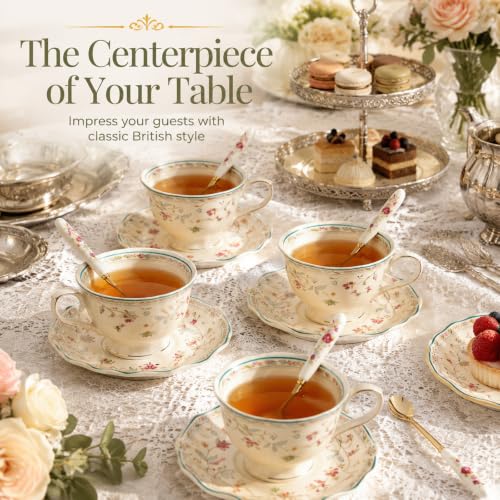 Noviko 6 oz Floral Tea Cups and Saucers Flower Ceramic cup | Set of 1, Afternoon Tea Party Gift for Women, Mom - color: Multicolor C