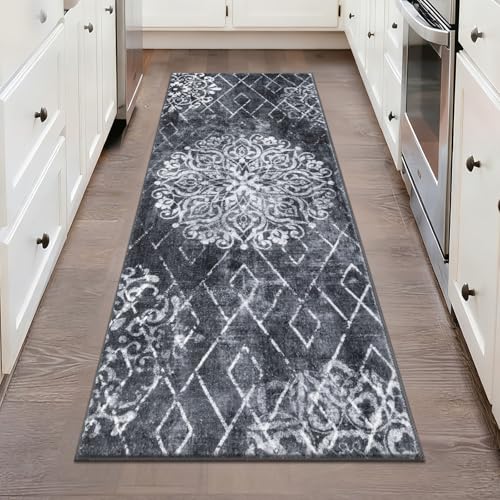 HEBE Hallway Runner Rug 2'x5', Washable Non Slip Kitchen Rug Runner | Soft Boho Bedroom Runner Rug, Vintage Distressed Low-Pile Floor Carpet Runners for Hallway, Entrance, Bathroom, Laundry - color: Black/Grey, size: 2' x 5' (Rectangular)