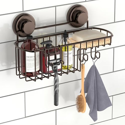 HASKO 2 Pack Shower Caddy Suction Cup with Hooks & Soap holder, Includes 2 Soap Savers, Shower Shelf, Bathroom Storage Organizer, Rustproof Shampoo Holder, Bronze - color: Bronze (2 Pack)