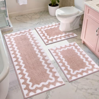 Findosom Bathroom Rugs Sets 3 Piece, Absorbent Soft Non-Slip Bath Rug Set | Washable Microfiber Shaggy Scalloped Bath Mat Set with Bathroom Runner Rug, U-Shaped Toilet Rugs, Shower Rug, Pink - color: Pink & White, size: 18"x26"+18"x48"+U 20"x24"