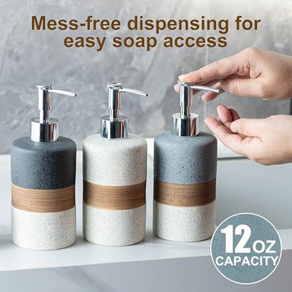 Ceramic Dish Soap Dispensers Set of 2 for Kitchen and Bathroom | Hand Soap and Lotion Dispenser Set, Shampoo and Conditioner Bottles | with Stainless Steel Pump, Silicone Funnel, Tray, Black - color: Black and White, size: 2xSoap Dispenser Set with Tray