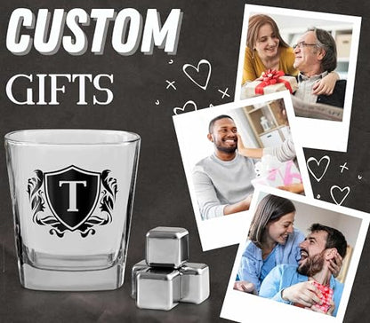 Whisky Gifts for Men, Personalized Initial Whiskey Glass with Whiskey Stones for Dad, Boyfriend, Best Friends, Coworkers, Husband, Brother, Uncle and Boss on Father's Day, Boss Day and Birthday - T - color: T