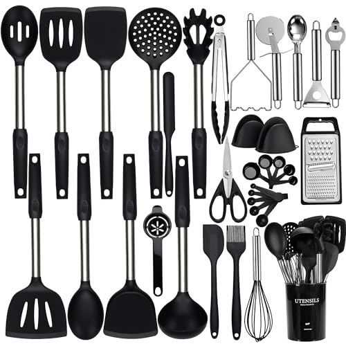 NCUE 35 Pcs Silicone Cooking Utensils Set BPA Free 446°F Heat Resistant | Stainless Steel Handles Kitchen Utensils Set, Thickened Heads Silicone Grips Nonstick Dishwasher Safe for Baking Housewarming - color: Black