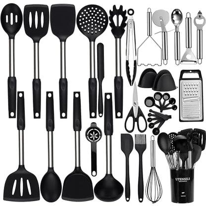 NCUE 35 Pcs Silicone Cooking Utensils Set BPA Free 446°F Heat Resistant | Stainless Steel Handles Kitchen Utensils Set, Thickened Heads Silicone Grips Nonstick Dishwasher Safe for Baking Housewarming - color: Black