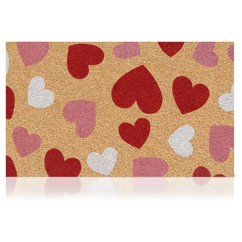 Coir Welcome Mat, Non-Slip, Colorful Hearts, 17 x 29 in | 100% Natural Coir, Anti-Shedding, Durable PVC Backing, Traps Dirt and Mud, Indoor and Outdoor Entryway, Easy to Clean - color: Colorful Hearts, size: 2'5" x 1'5" (Rectangular)