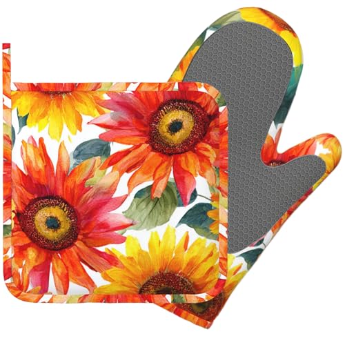 Watercolor Sunflowers Oven Mitts and Pot Holders Sets Flower Oil Painting Non-Slip Silicone Surface for BBQ Gloves,Kitchen,Cooking,Baking,Grilling - color: Watercolor Sunflowers