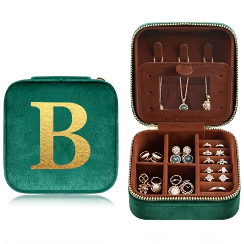 Personalized Jewelry Box Travel Jewelry Case For Women Vintage Green Plush Velvet Gifts For Family Member Friends For Carrying During Short Trips Business Trips Travel Essentials Letter B - color: B