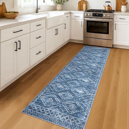 KILOCOCO Washable Runner Rug 2x7 ft Hallway Runners, Stonewashed Blue | Low-Pile Entryway Runners, Rubber Backed Runner Rug, Printed Kitchen Runner Rug, Soft Geometric Rugs for Hall Living Room - color: Stonewashed Blue, size: 2' x 7' (Runner)