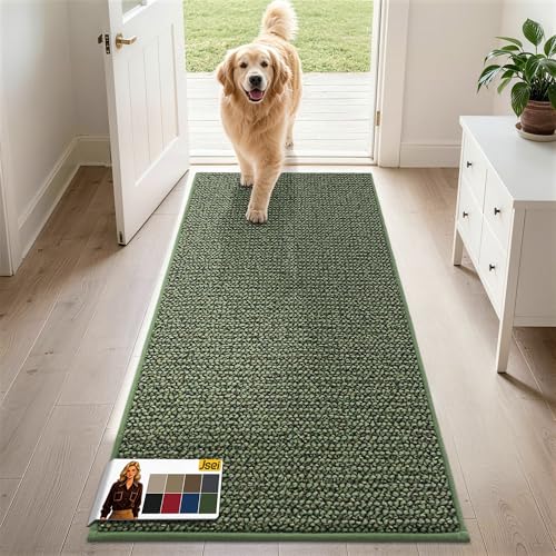 JSEI Door Mat for Entrance, TPR Non-Slip Backing, 24"x60", Green | Washable Low Profile Doormat for Front Door & Back Door, Absorbent Dirt-Trapping Entryway Rugs for Wet Shoes & Dirty Paws - color: Green, size: 24'' X 60''