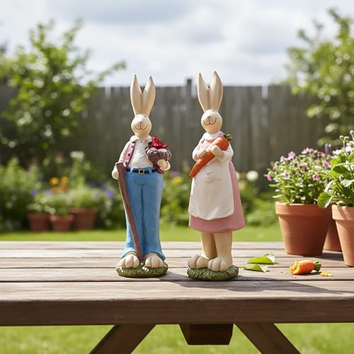 Easter Bunny Figurines Set of 2, Resin Rabbit Decor, 9.06 Inch | Resin Easter bunny decor with bird nest and carrot details for tables, shelves and spring gifts; a charming 2-piece set