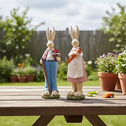 Easter Bunny Figurines Set of 2, Resin Rabbit Decor, 9.06 Inch | Resin Easter bunny decor with bird nest and carrot details for tables, shelves and spring gifts; a charming 2-piece set