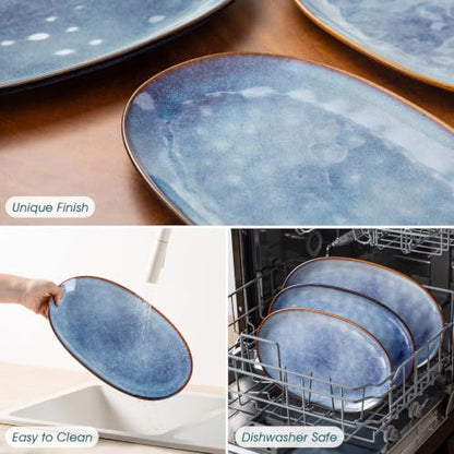 vancasso Ceramic Serving Platters Set of 3, Oval 16/14.7/13.5 Inch Stoneware Serving Dishes for Entertaining, Microwave Safe Serving Trays for Food, Turkey, Cheese, Party, Reactive Glaze Blue - color: Blue