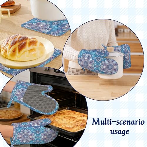 Mandela Flower Oven Mitts and Pot Holders Sets of 4 Abstract Boho Floral Heat Resistant Silicone Oven Mits Gloves Non-Slip Kitchen Mittens Potholders for Cooking Baking Grilling BBQ - color: Mandela Flower,abstract Boho Floral