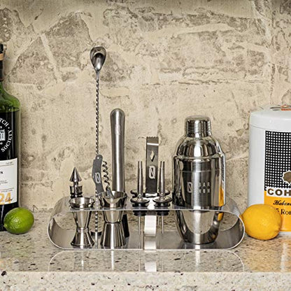 BAR NONE The Cocktail Set | 12-Piece + Stand Bar Set | Exquisite Quality Bartender Kit + Tools | Martini Shaker, Jigger, Shots, Muddler, Spoon, Ice Tongs, Corkscrew Knife Bottle Opener & Liquor Pourer