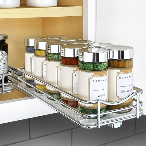 LYNK PROFESSIONAL® Pull Out Spice Organization for Cabinets - 4-3/8 inch Wide – Spice Rack for Inside Cabinets, Slide Out Spice Rack Organizer for cabinet – Pull Out Spice Rack, Sliding 1 Tier Chrome - color: Chrome, size: 4-1/4" - 1 Tier