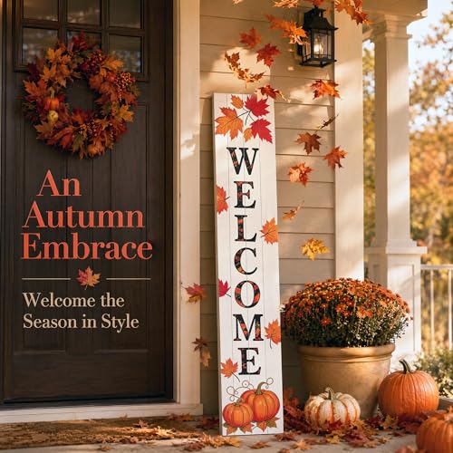 Vertical Wooden Fall Welcome Porch Sign,Rustic Autumn Porch Standing Sign,Decorative Leaning Sign for Front Entrance,Farmhouse Style Outdoor Welcome Decoration-47.2" H.