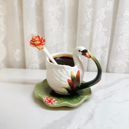 Ceramic Tea Cup and Saucer Set ，6OZ 3D Hand-painted Swans and Lotus Leaves Coffee Mug，Gift for Women