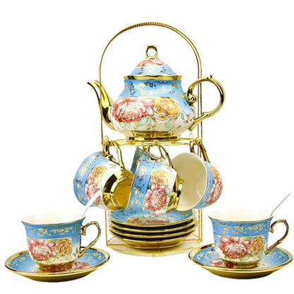 20 Pieces Porcelain Tea Set With Metal Holder, European Ceramic tea set for adults,Flower Tea Set,Tea Set For Women With Flower Painting - color: Sky Blue