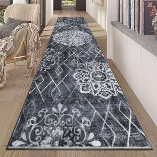 HEBE Hallway Runner Rug 2'x10', Washable Non Slip Kitchen Rug Runner | Soft Boho Bedroom Runner Rug, Vintage Distressed Low-Pile Floor Carpet Runners for Hallway, Entrance, Bathroom, Laundry - color: Black/Grey, size: 2' x 10' (Rectangular)