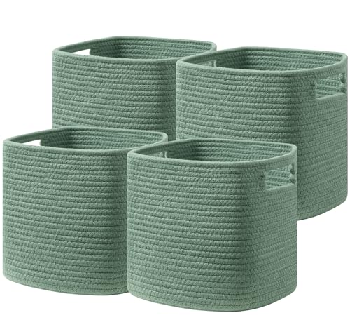 UBBCARE Set of 4 Storage Basket-13 X 13 X 13 In, Cotton Rope Basket for Shelves, Toys, Book, Cube Storage Bins with Handles, Woven Storage Basket for Organizing, Green - color: Green, size: 4Pack-13 X 13 X 13 Inch
