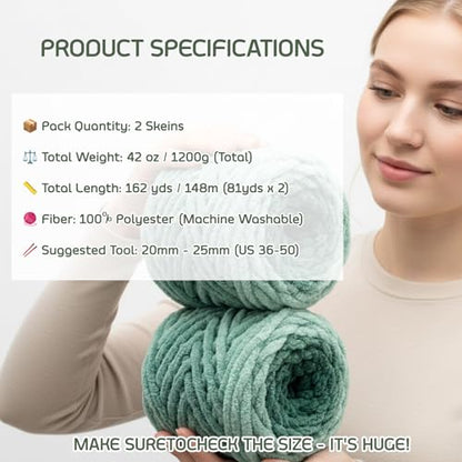 Beginner Chunky Yarn for Hand Knitting Ombre Blankets, Plush Chenille Fade | Long-fade ombre chenille chunky yarn - #7 Jumbo - 42oz/1200g - 81 Yards - Forest Green - color: Forest Green (0.8" Thick)