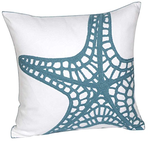 Embroidered Nautical Decor Pillow Cover,Square 18 Inches Decorative Canvas Pillow Cover for Nautical Style Deco by (Seagreen-Starfish-New)
